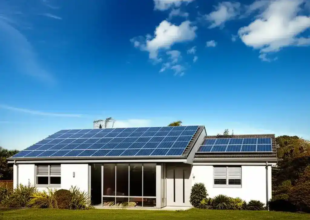 Casa moderna com painéis solares instalados no telhado, demonstrando energia renovável sustentável em ambiente residencial